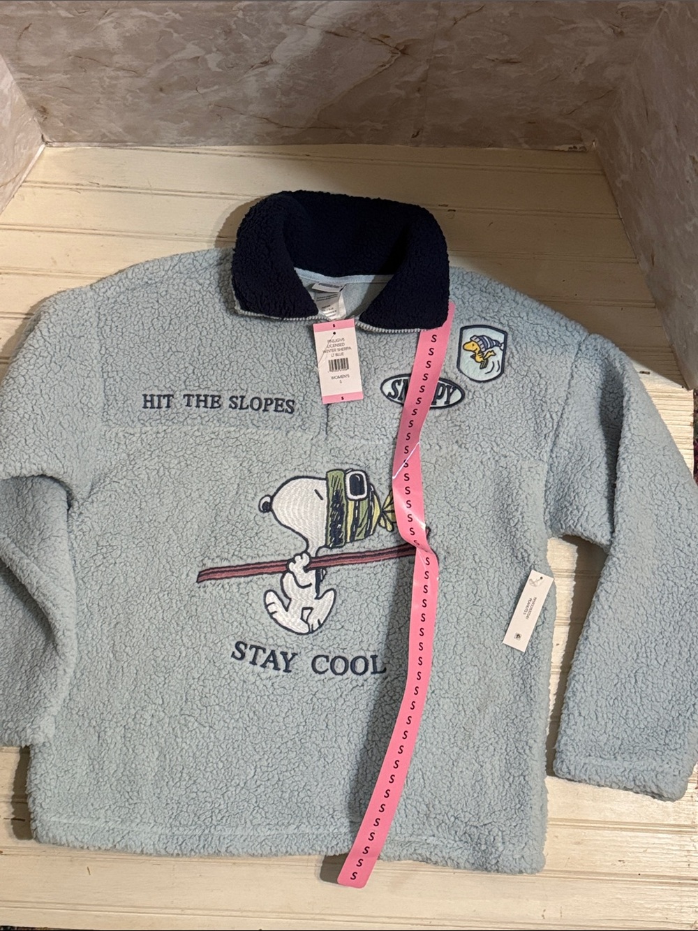 Peanuts Light Blue Sherpa Pullover with Navy Collar and Snoopy Ski Graphic